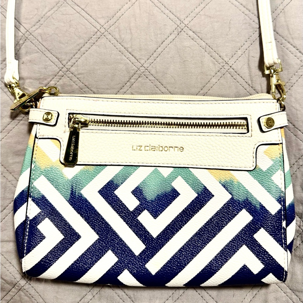 Liz Claiborne Navy and Cream Patterned Crossbody Bag